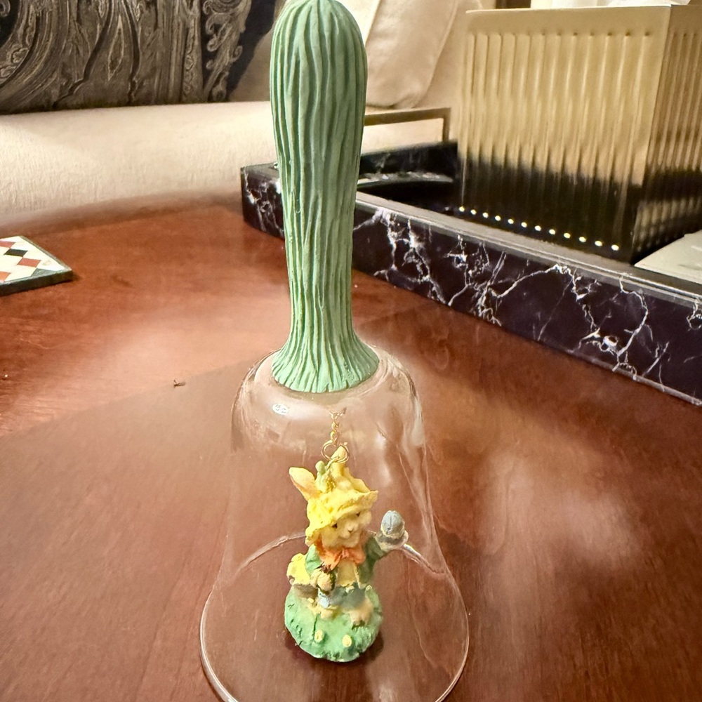 Green-Handled Decorative Glass Bell with Yellow Bunny Figurine